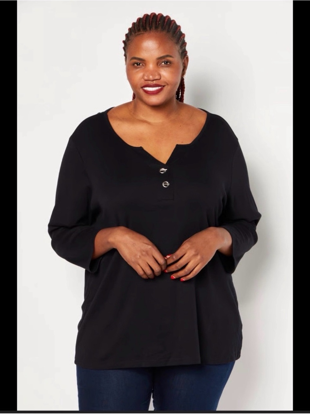 Karen Scott Black Notch-Neck Henley Long Sleeve Top